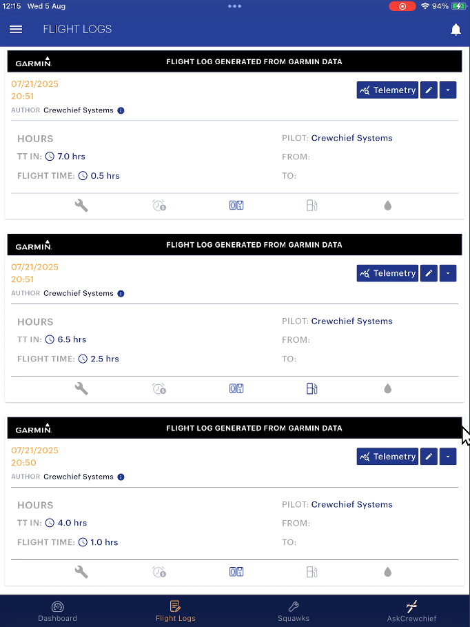 Crewchief Flight Logs on iPad, each entry generated from Garmin data