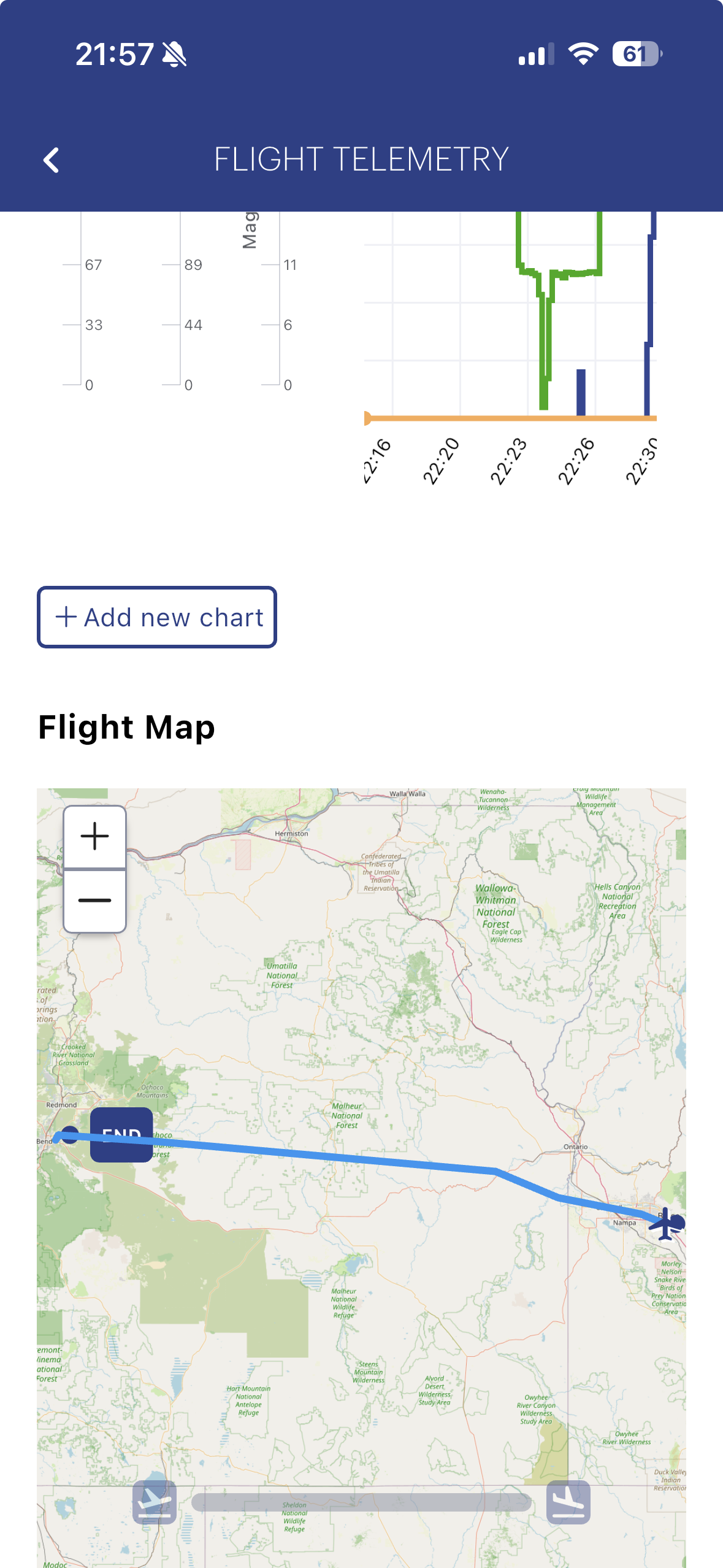 Crewchief mobile app showing flight telemetry charts and the flight map